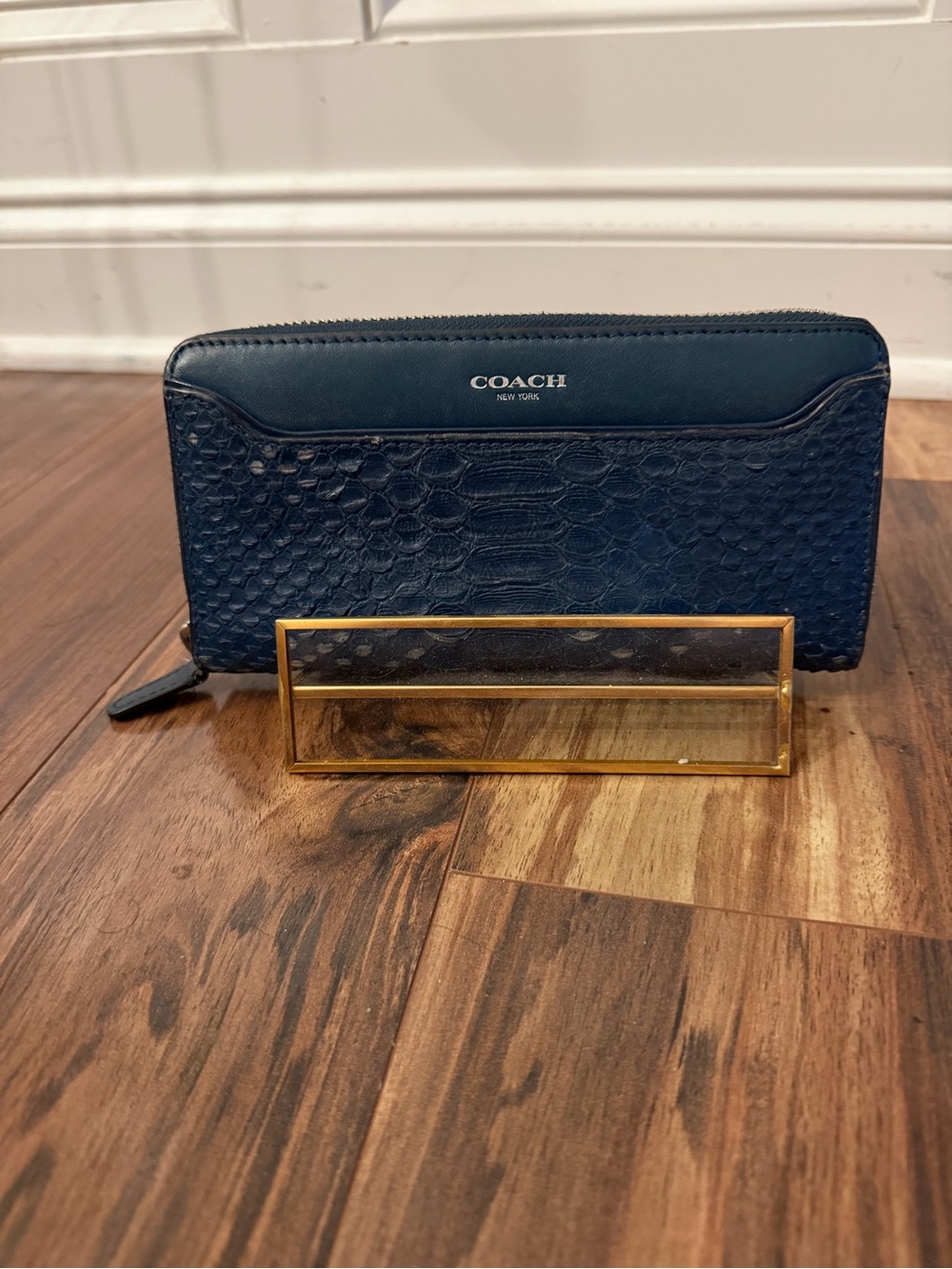 Coach Navy Snake-Embossed Zip Around Wallet with Silver Logo